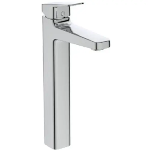 Waschtischarmatur von Ideal Standard in chromfarbenem Design mit senkrechtem Körper und flachem Auslauf. Für die Montage an einem Waschbecken geeignet.